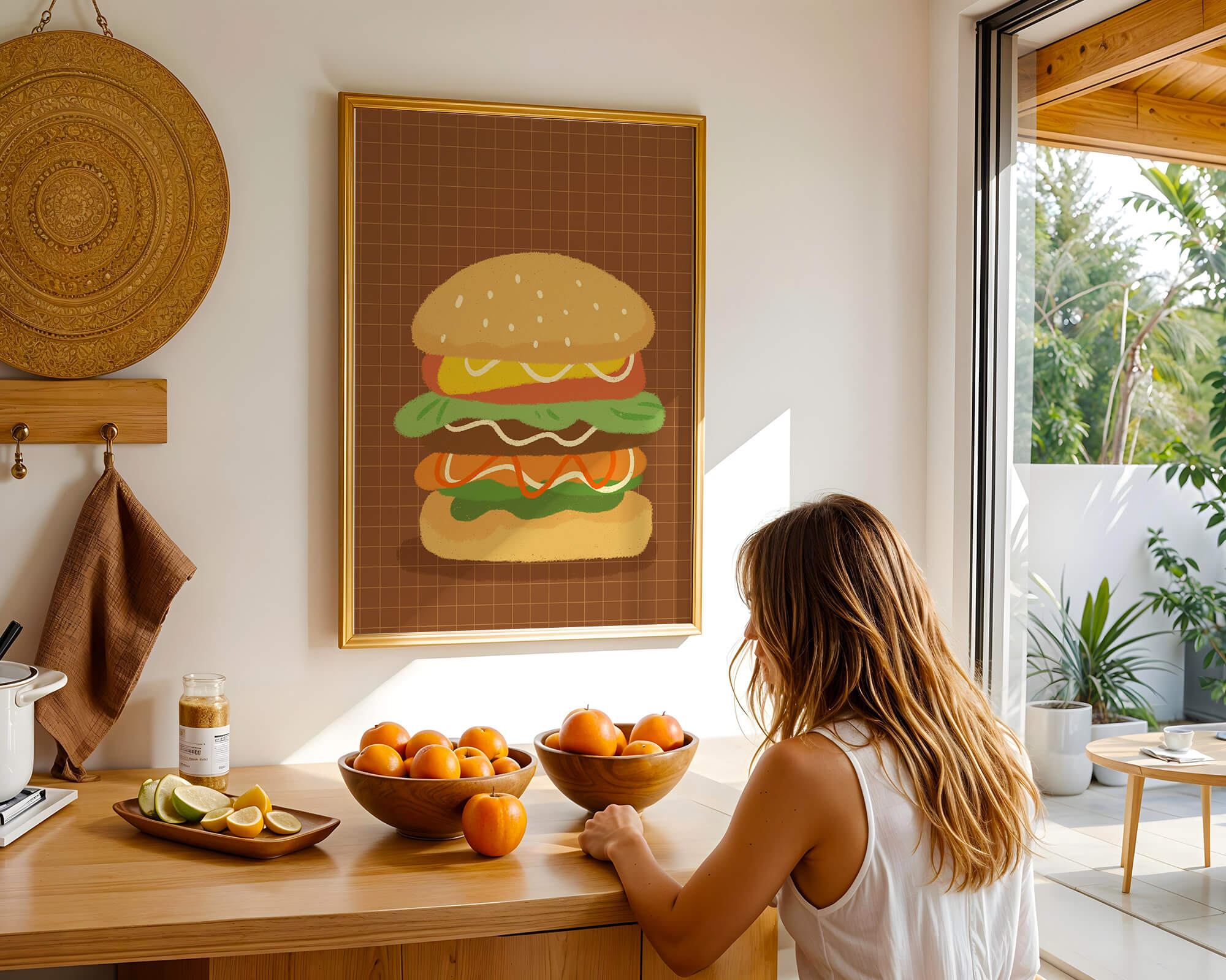 Illustrated cheeseburger with colorful layers on a grid background