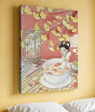 Charmante illustration d’un enfant avec un bol sous des feuilles d’automne