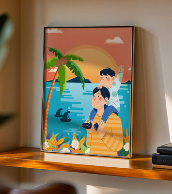 Father and son enjoying a tropical sunset with palm trees and boats
