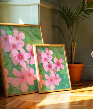 Zarte rosa Blüten auf einem leuchtend grünen Hintergrund Illustration