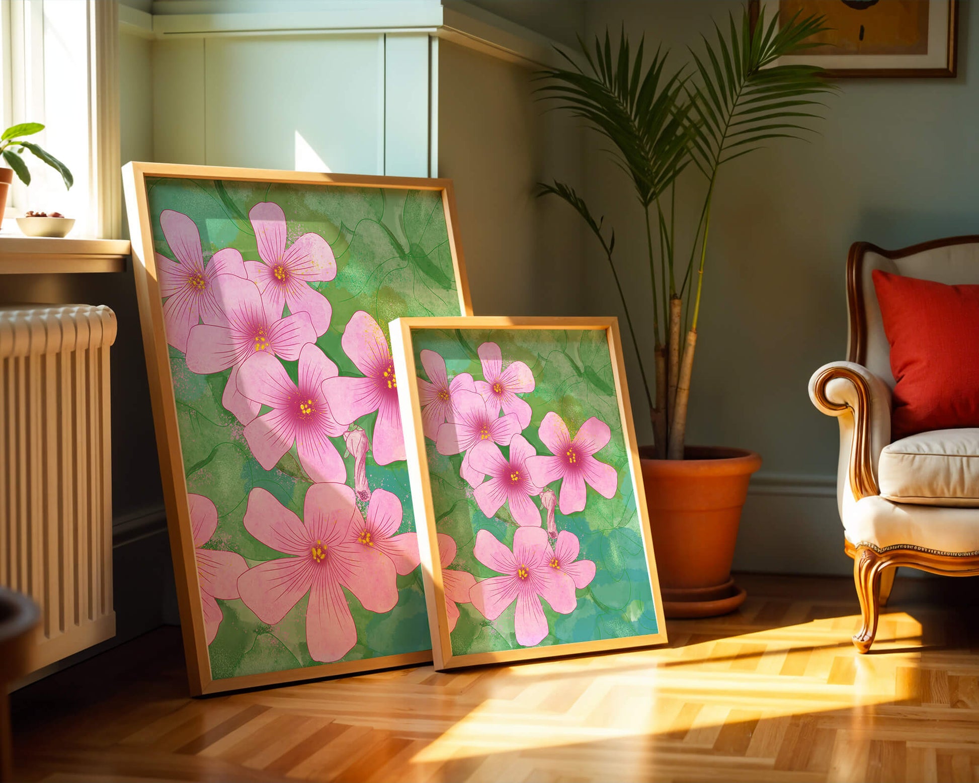 Zarte rosa Blüten auf einem leuchtend grünen Hintergrund Illustration