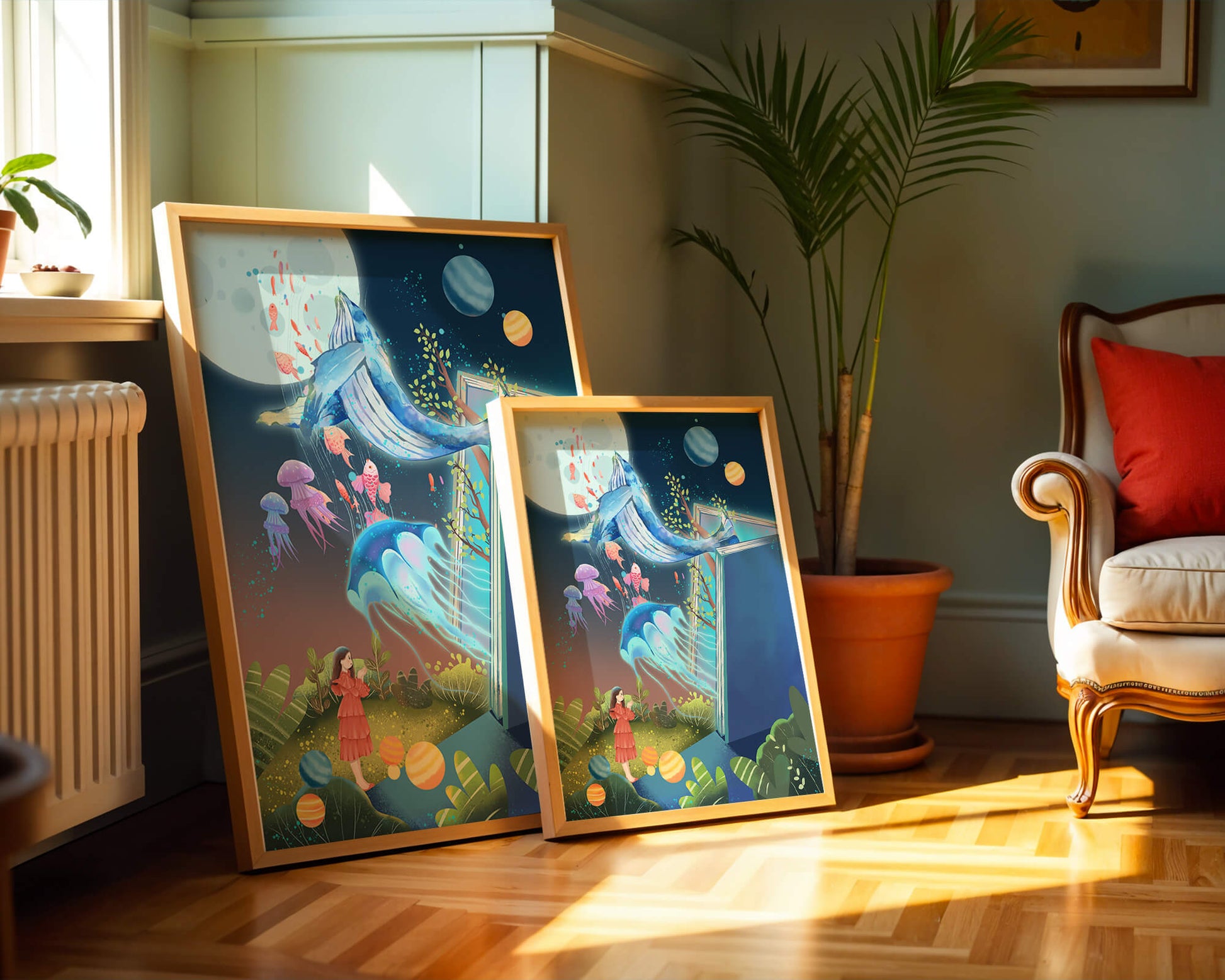 Surreal Ocean Life Emerging From a Book in a Dreamlike Forest Scene