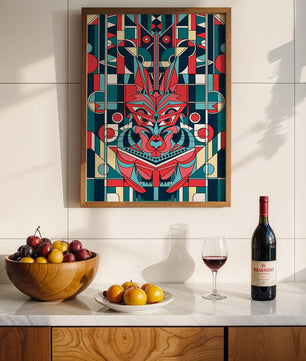 Arte abstracto geométrico de lobo con influencias tribales