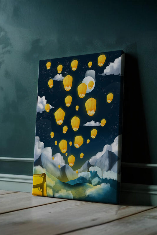 Lanterns floating in a starry night sky over mountains