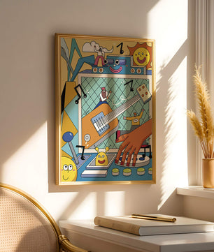 Colorful Cartoon Collage with Musical Elements and Smiling Faces