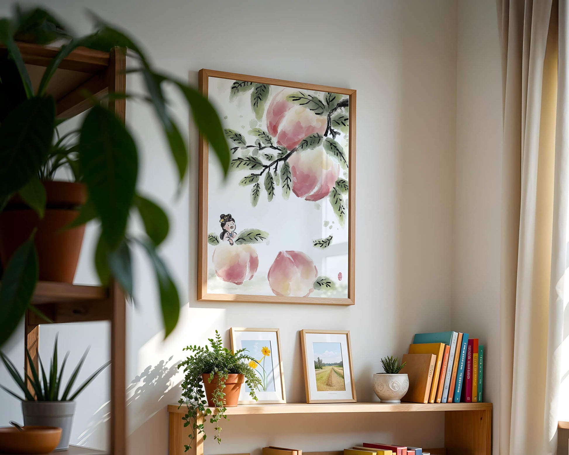 Encantadora ilustración de una chica entre flores de melocotón y hojas verdes