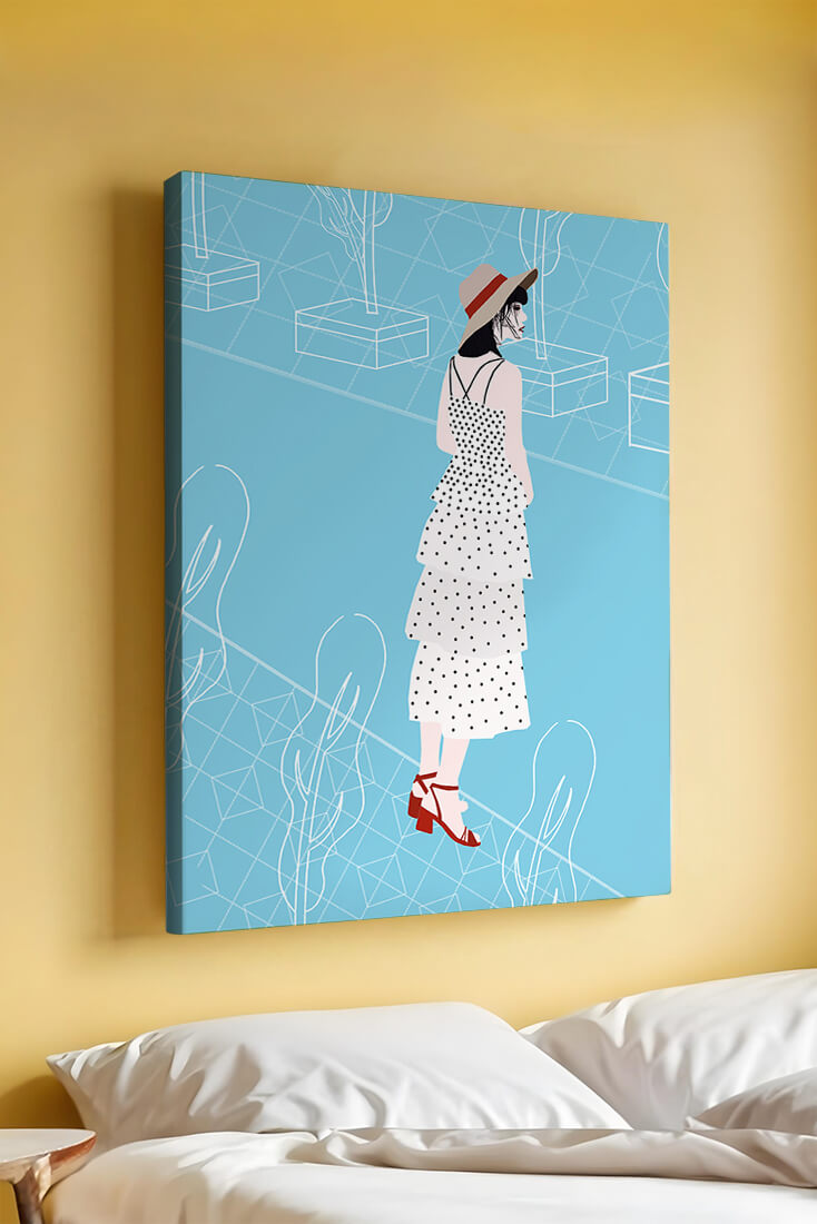 Stylish woman in polka dot dress with hat in modern abstract scene