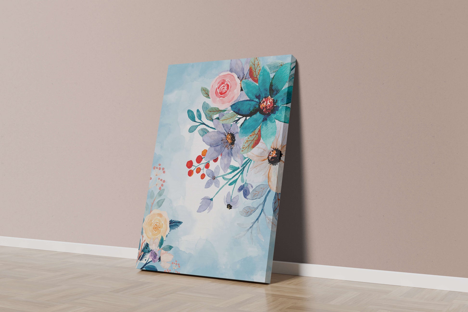 Ilustración floral acuarela con flores y hojas vibrantes