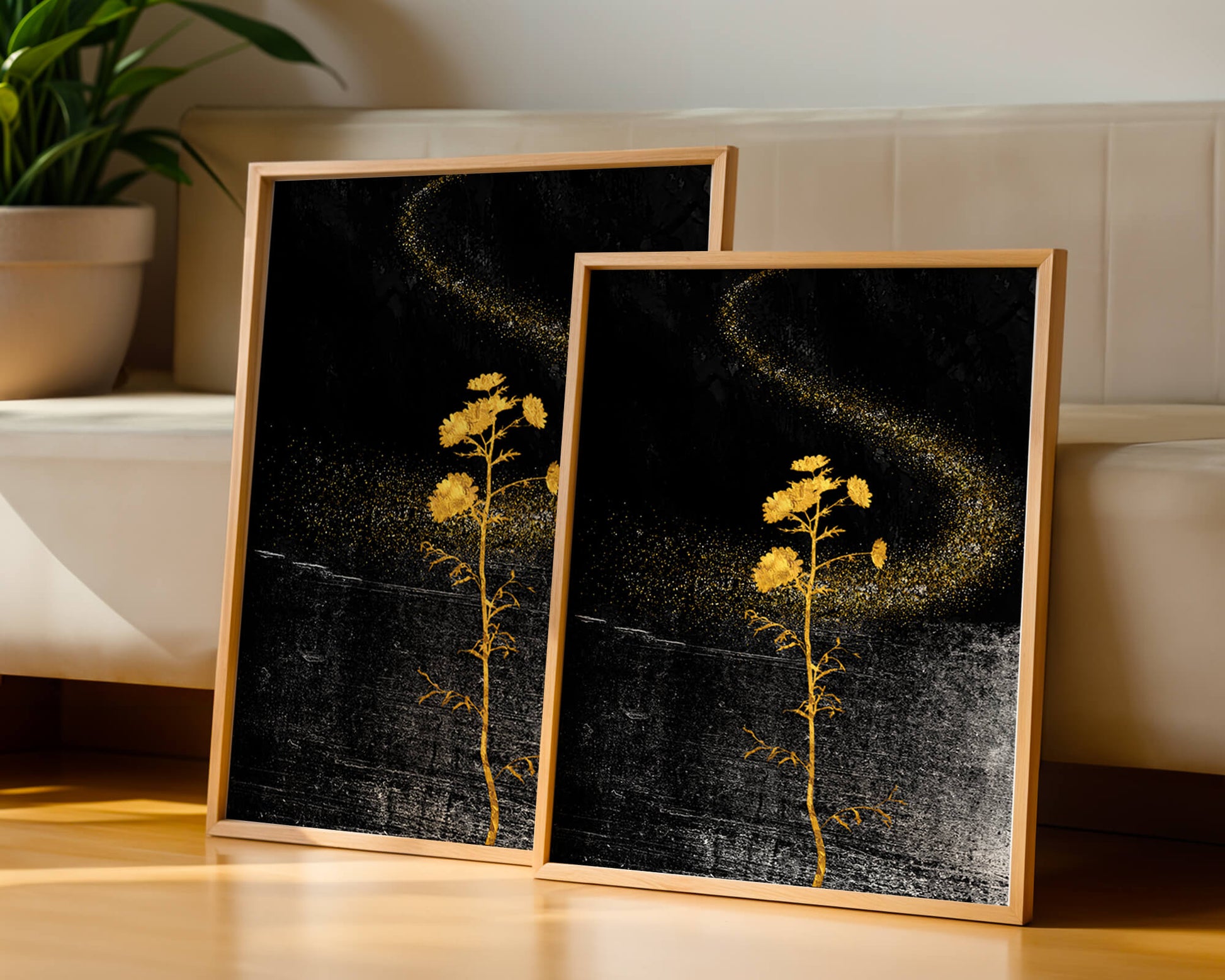 Golden Flowers on Black Background with Sparkling Dust