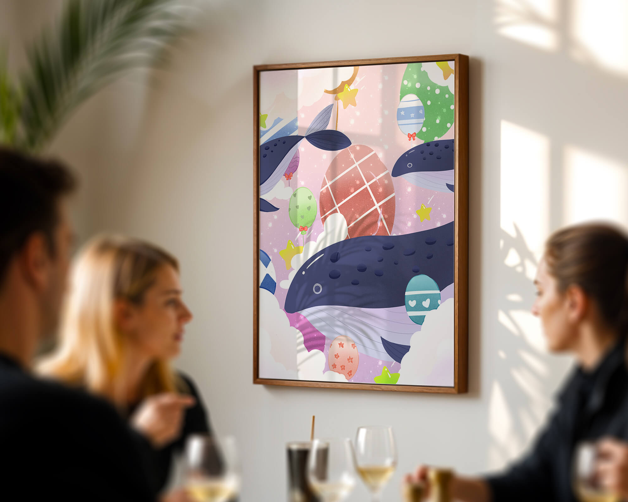Whimsical illustration of whales and floating stars with colorful eggs