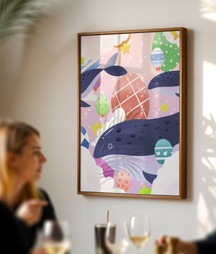 Whimsical illustration of whales and floating stars with colorful eggs