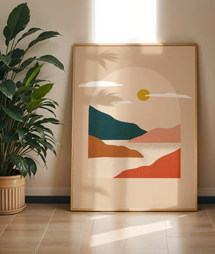 Paysage minimaliste avec montagnes et soleil
