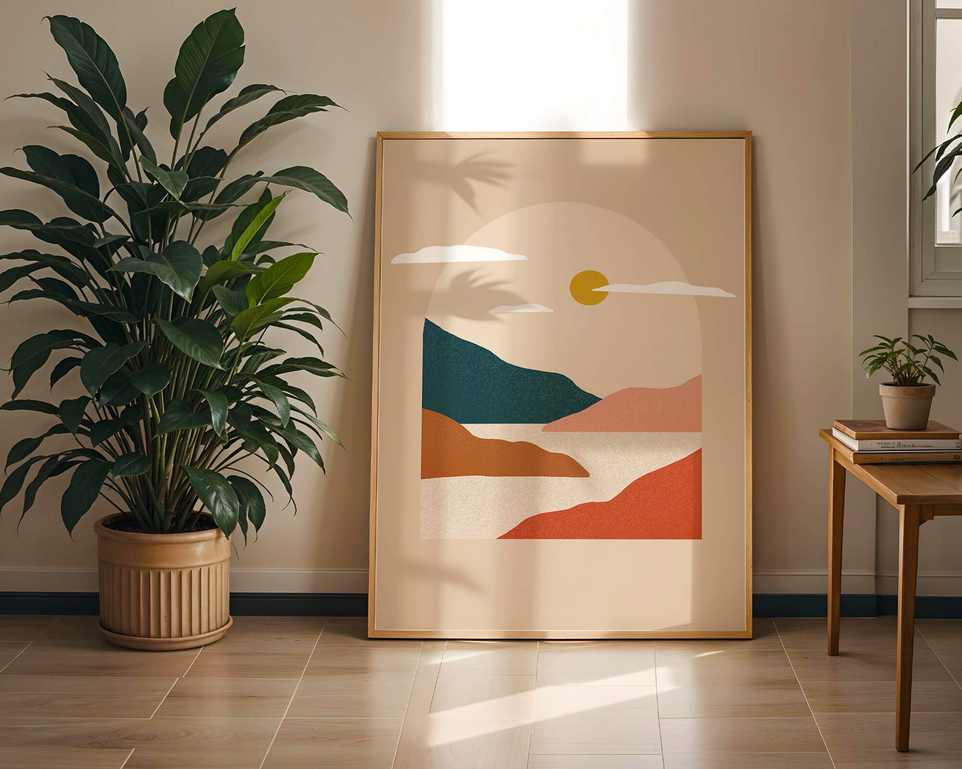 Paysage minimaliste avec montagnes et soleil