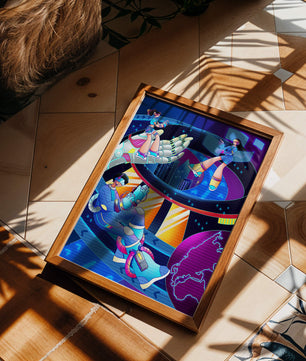 Realidad virtual futurista con obra de arte neón vibrante