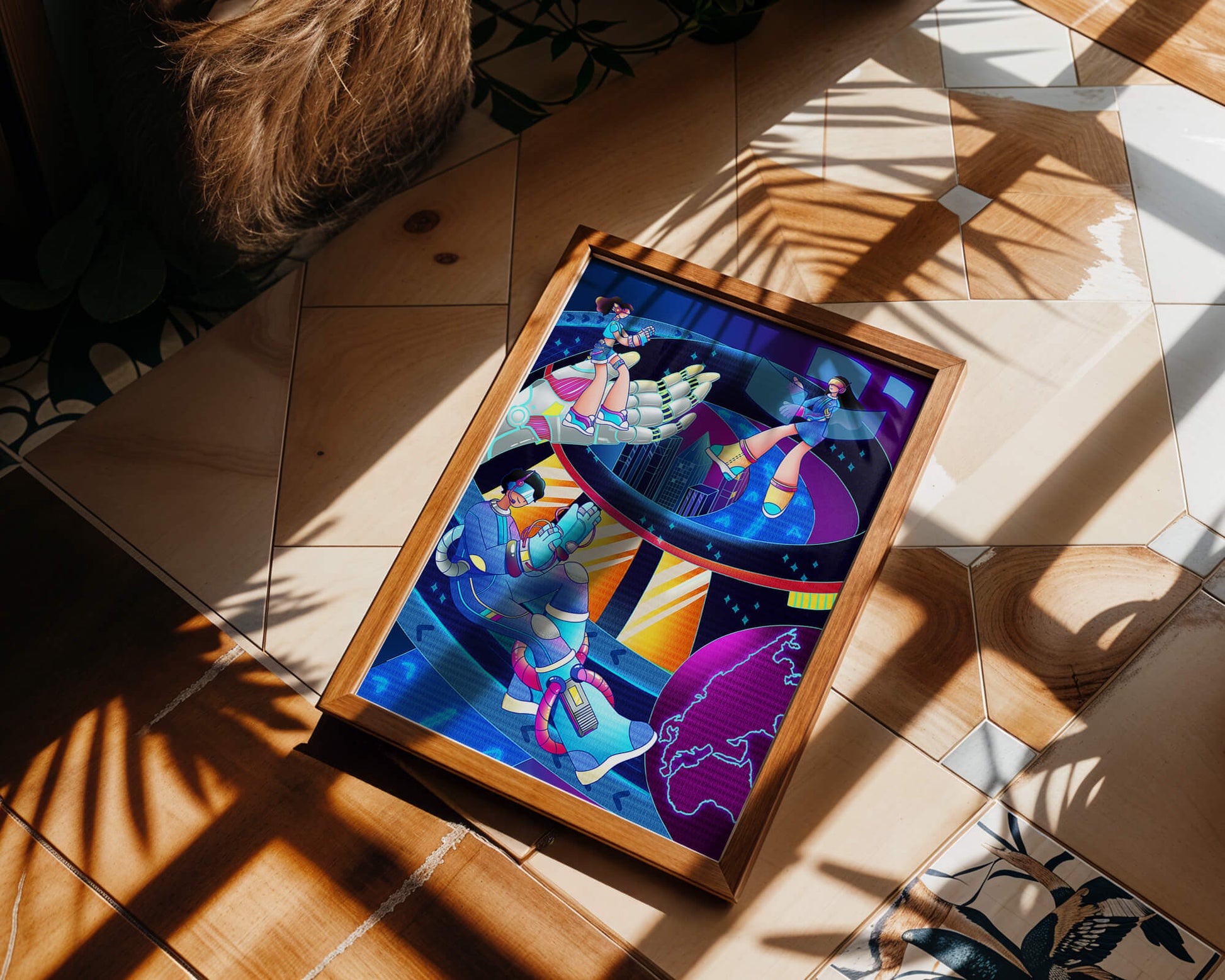 Realidad virtual futurista con obra de arte neón vibrante