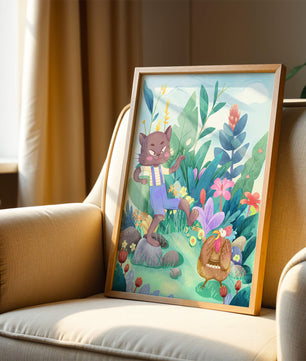 Playful Cat and Chicken in Vibrant Forest Scene Illustration