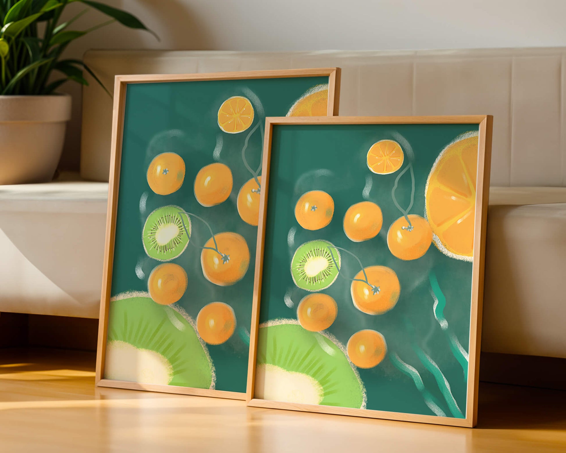 Vibrant kiwi and orange fruit pattern illustration