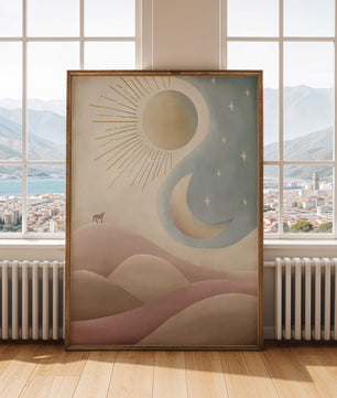 Minimalist landscape with sun, moon, and wolf in pastel hues