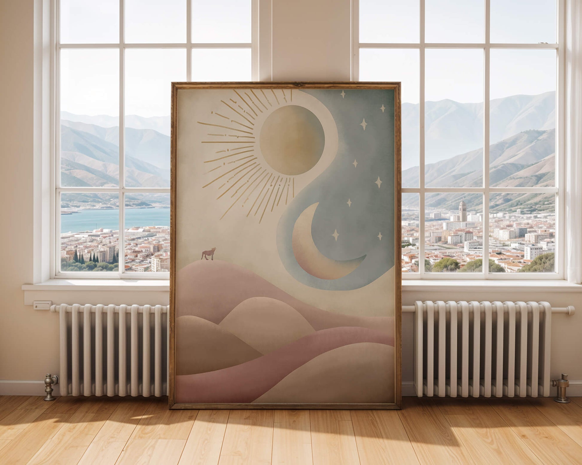 Minimalist landscape with sun, moon, and wolf in pastel hues
