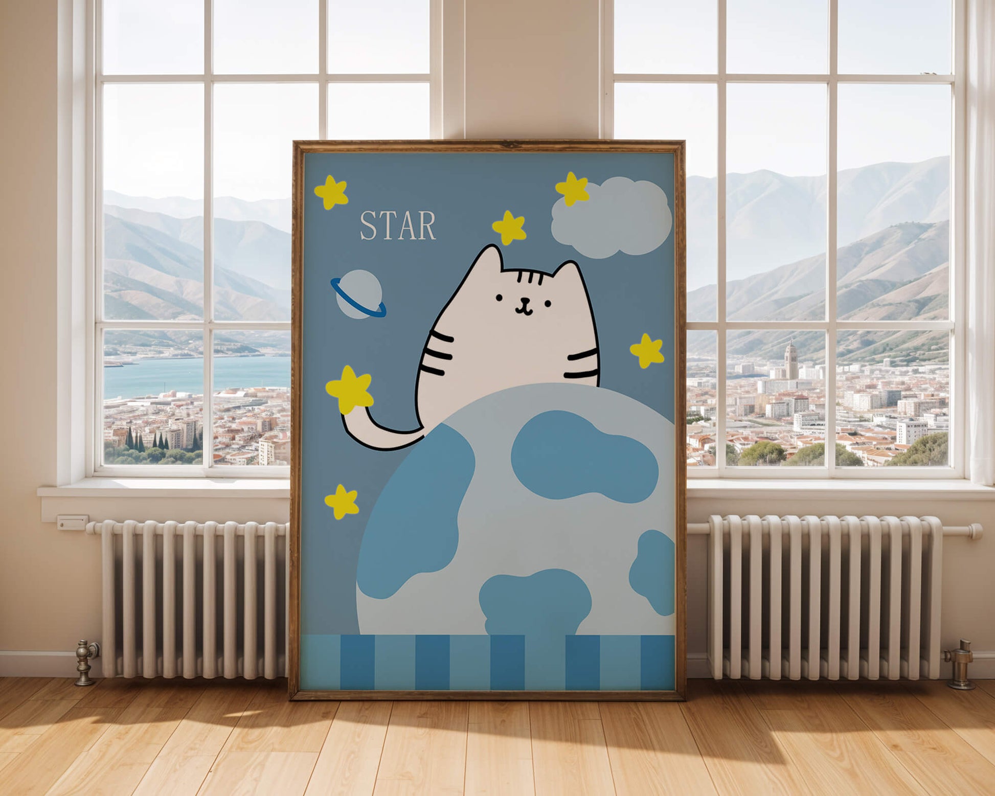 Illustration of a cute cat in space with stars and planets