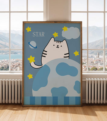 Illustration of a cute cat in space with stars and planets