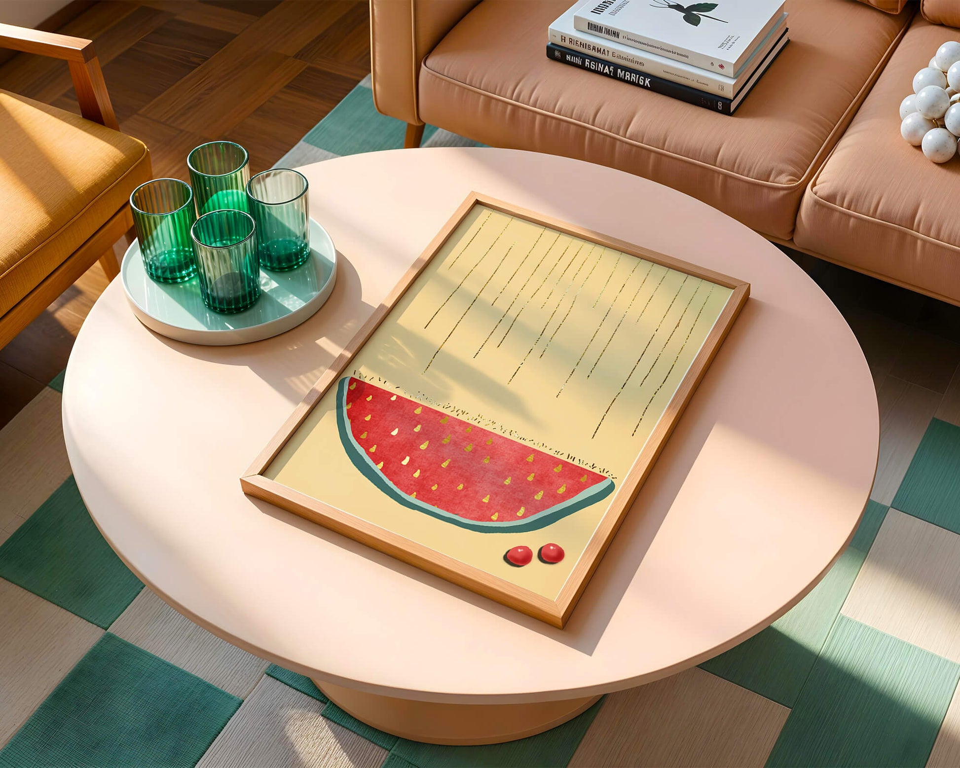 Abstract Watermelon Slice with Gold Accents on Minimalist Background