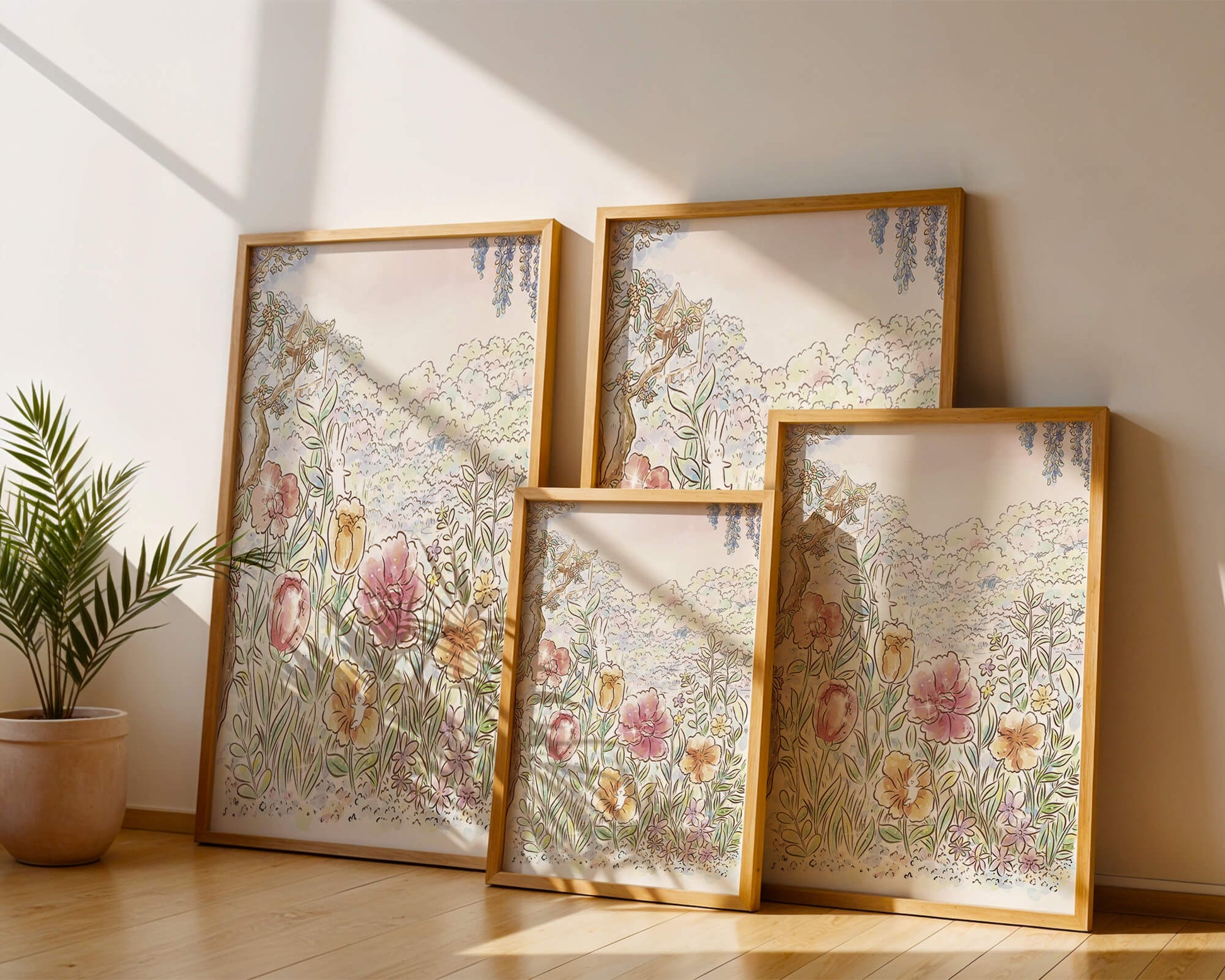 Charming Garden with Bunnies and Blossoming Trees