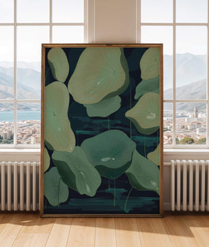 Green lily pads on a dark water background illustration