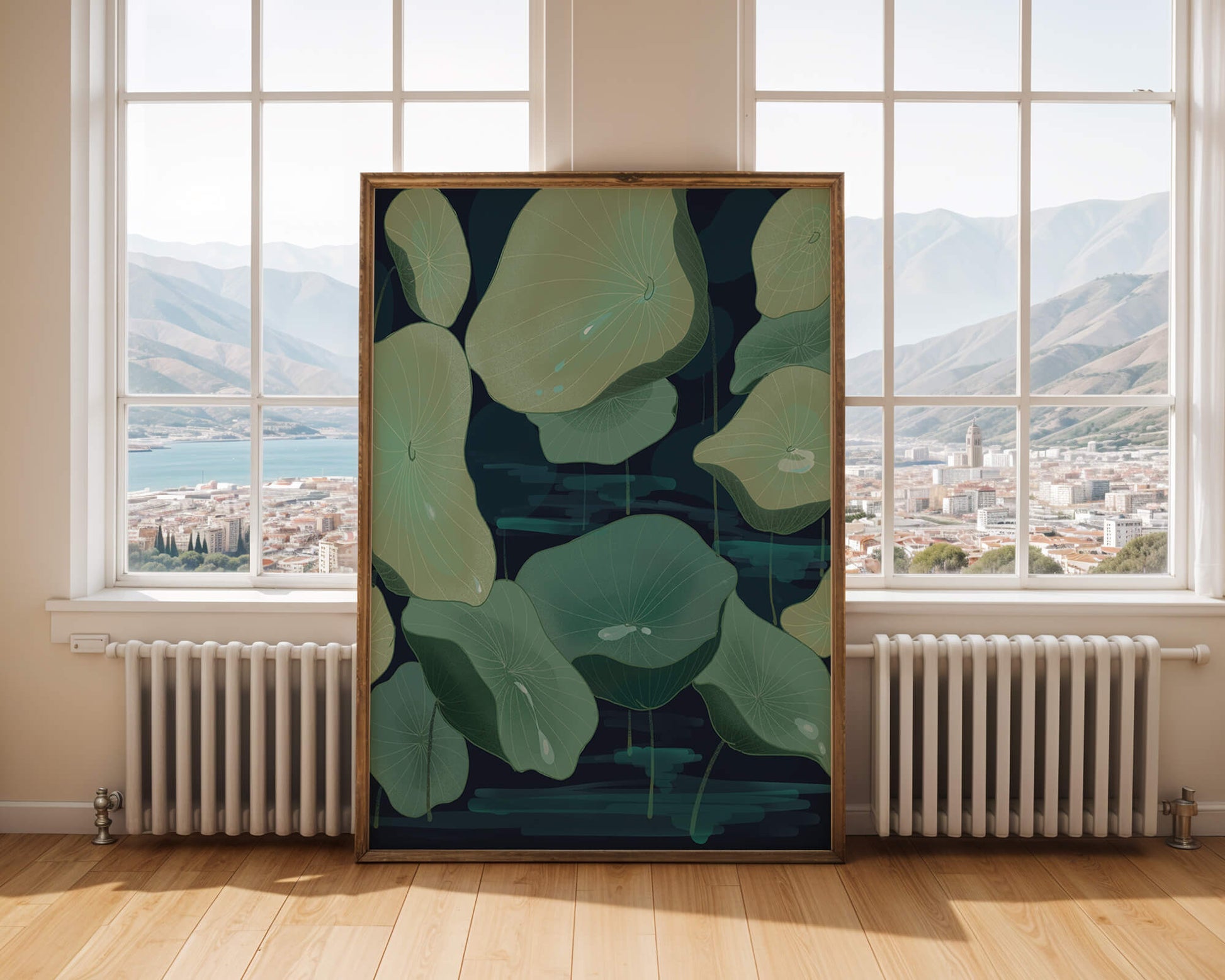 Green lily pads on a dark water background illustration