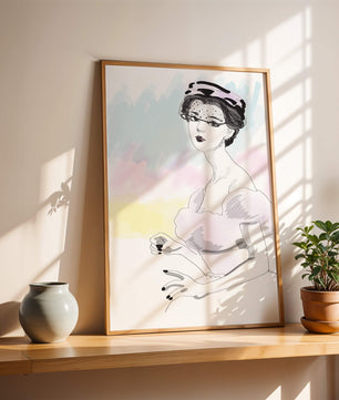 Elegant Woman in Vintage Fashion with Veil Hat and Pastel Background - Mi tienda