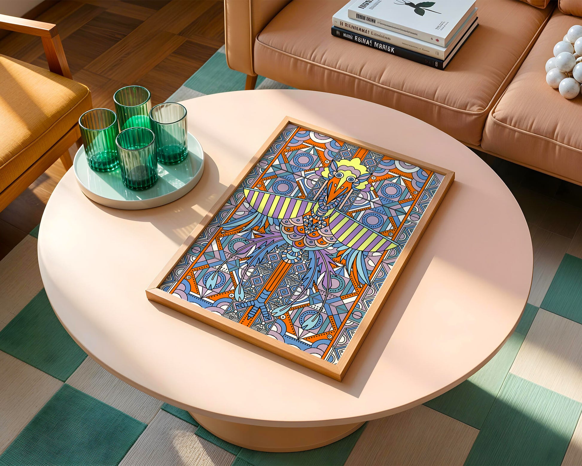 Arte geométrico de aves con patrones coloridos y detalles intrincados