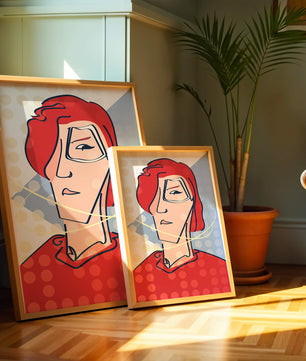 Abstract portrait with red hair and dotted background