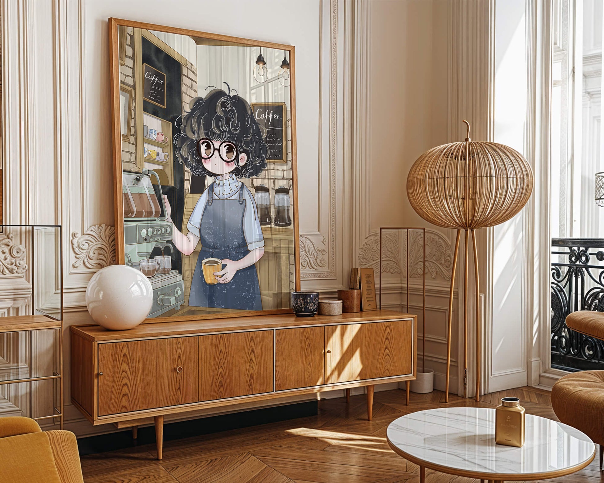 Escena encantadora de café con barista preparando café