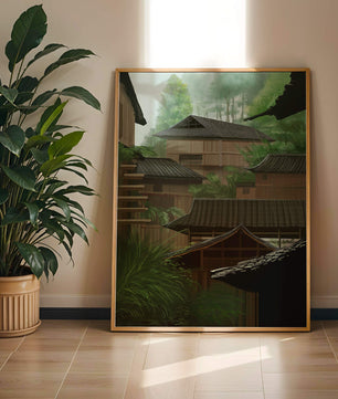Traditional Japanese Architectural Scene with Lush Greenery