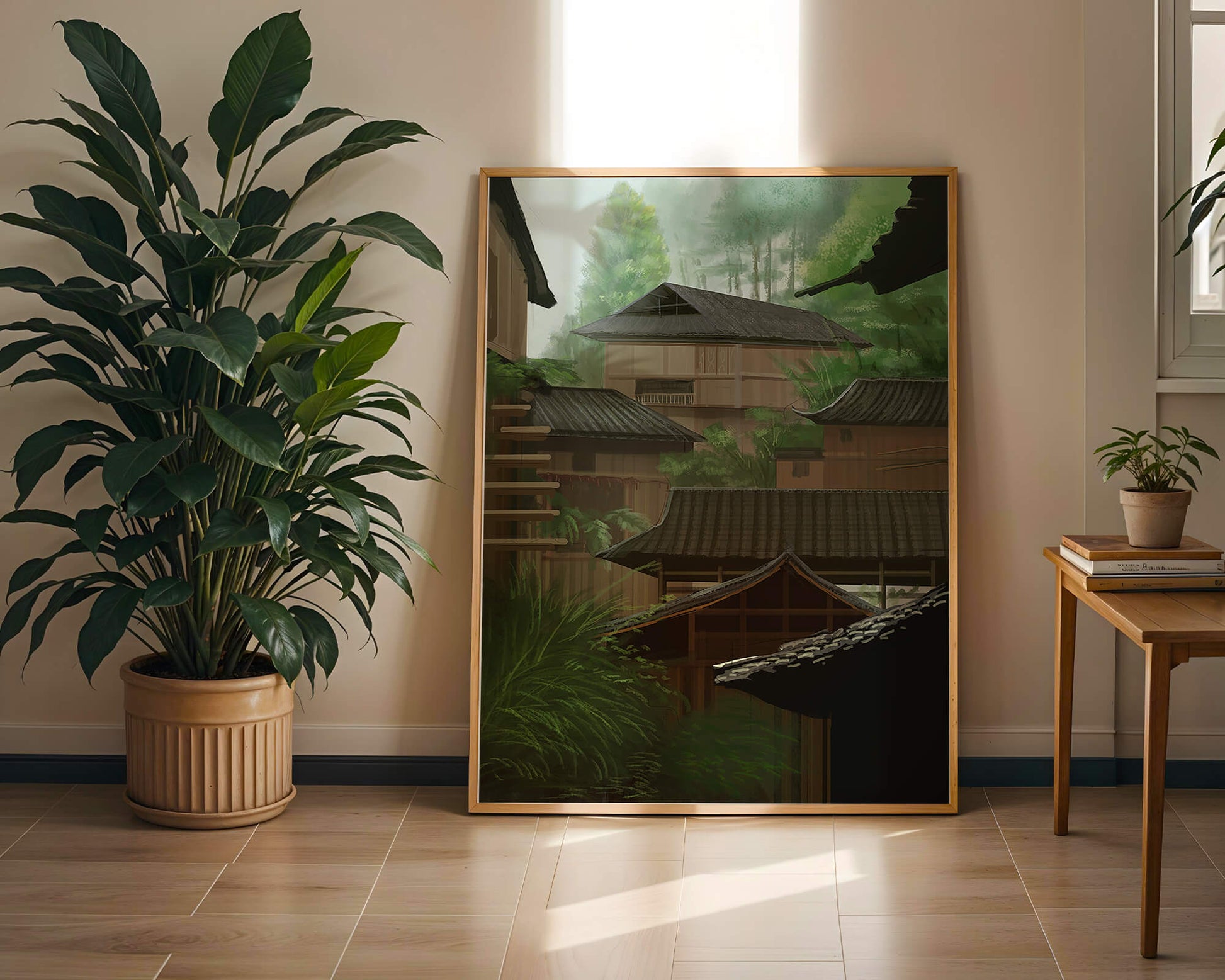 Traditional Japanese Architectural Scene with Lush Greenery
