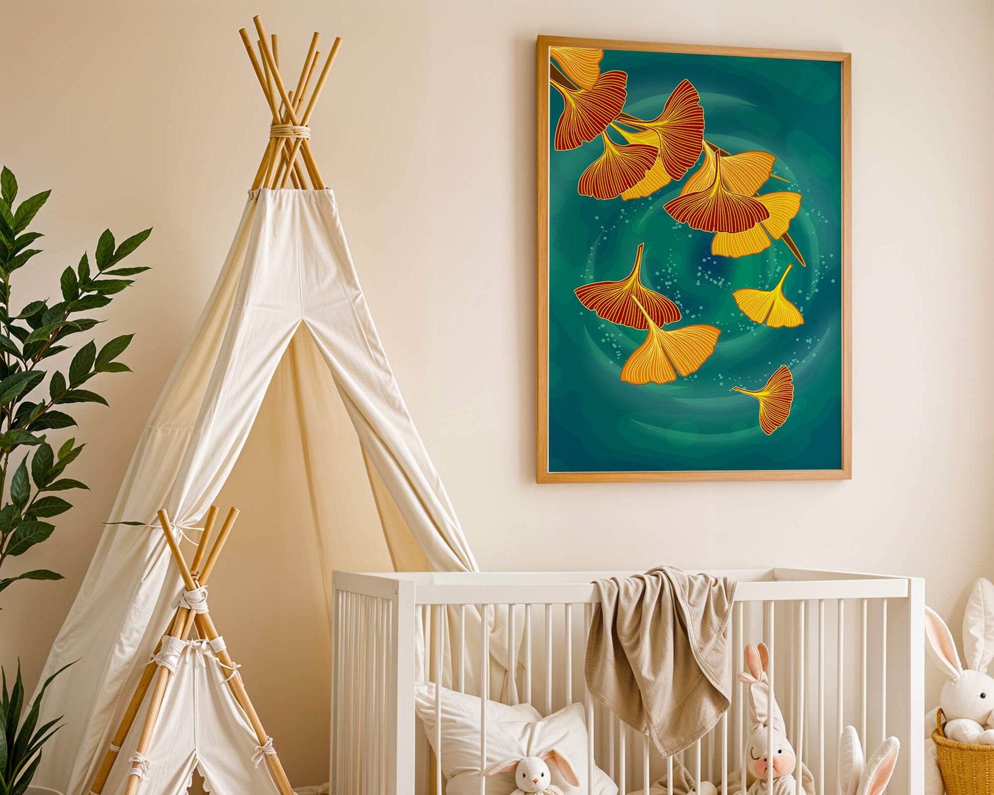 Stylized Ginkgo Leaves Floating on a Turquoise Background
