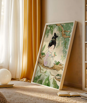 Serene illustration of a girl with a bird in a tree