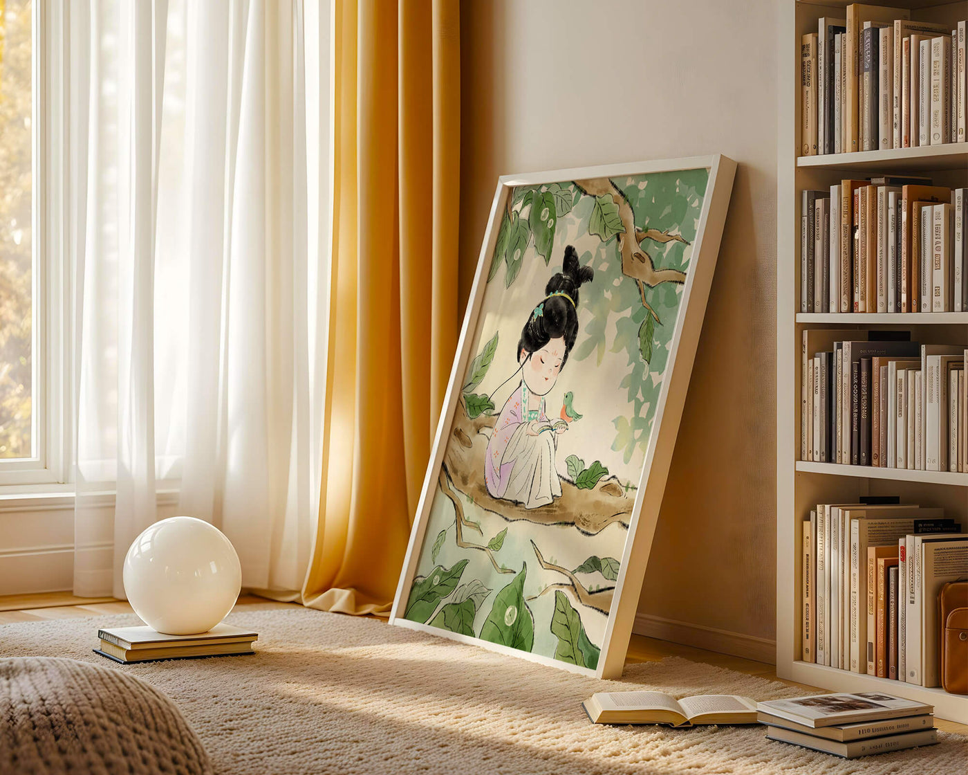 Serene illustration of a girl with a bird in a tree