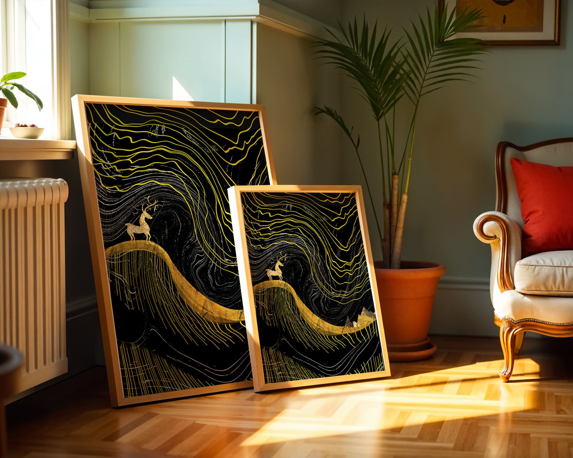 Ciervo dorado y paisaje montañoso abstracto con líneas onduladas