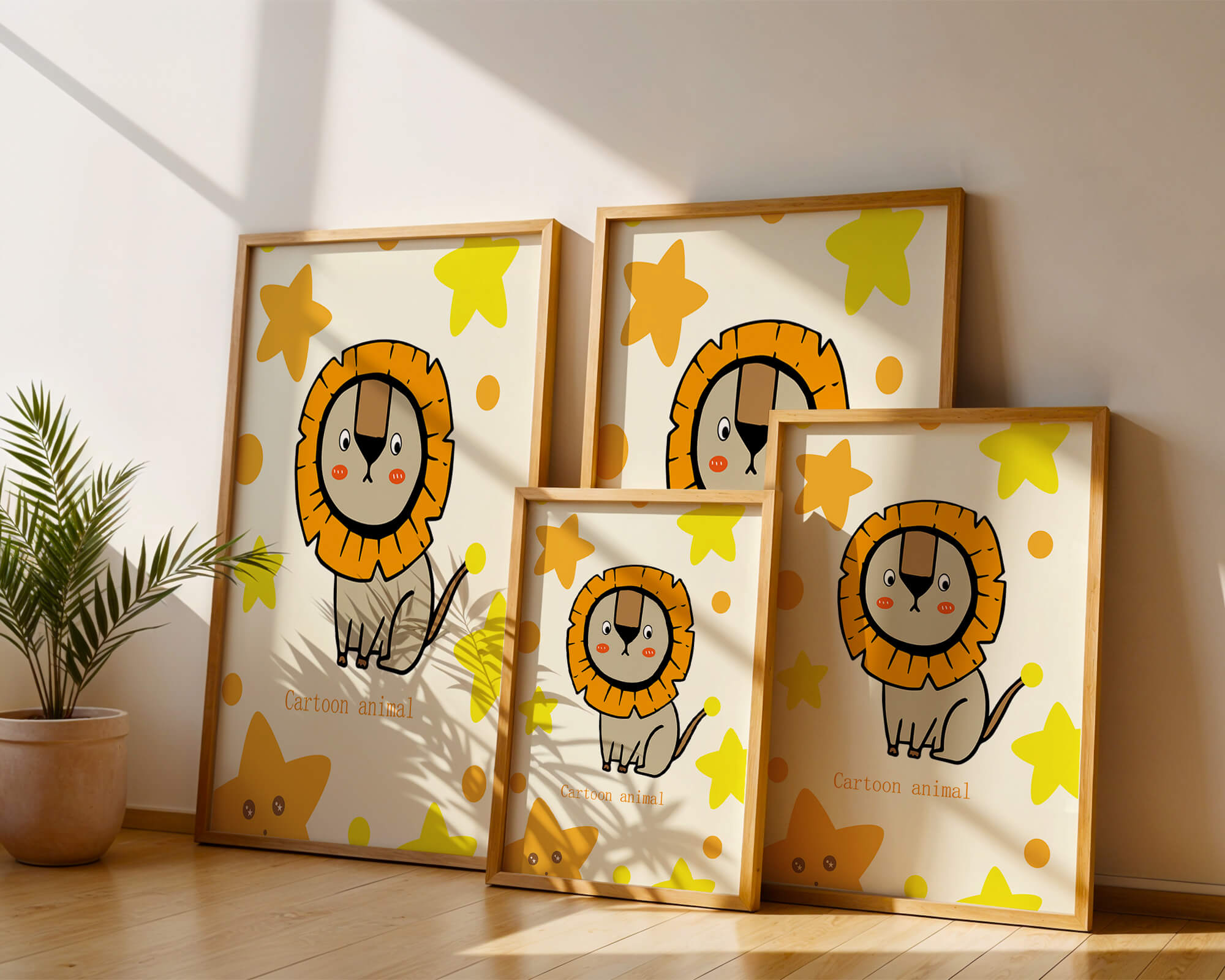 Cute cartoon lion illustration with stars for children's room