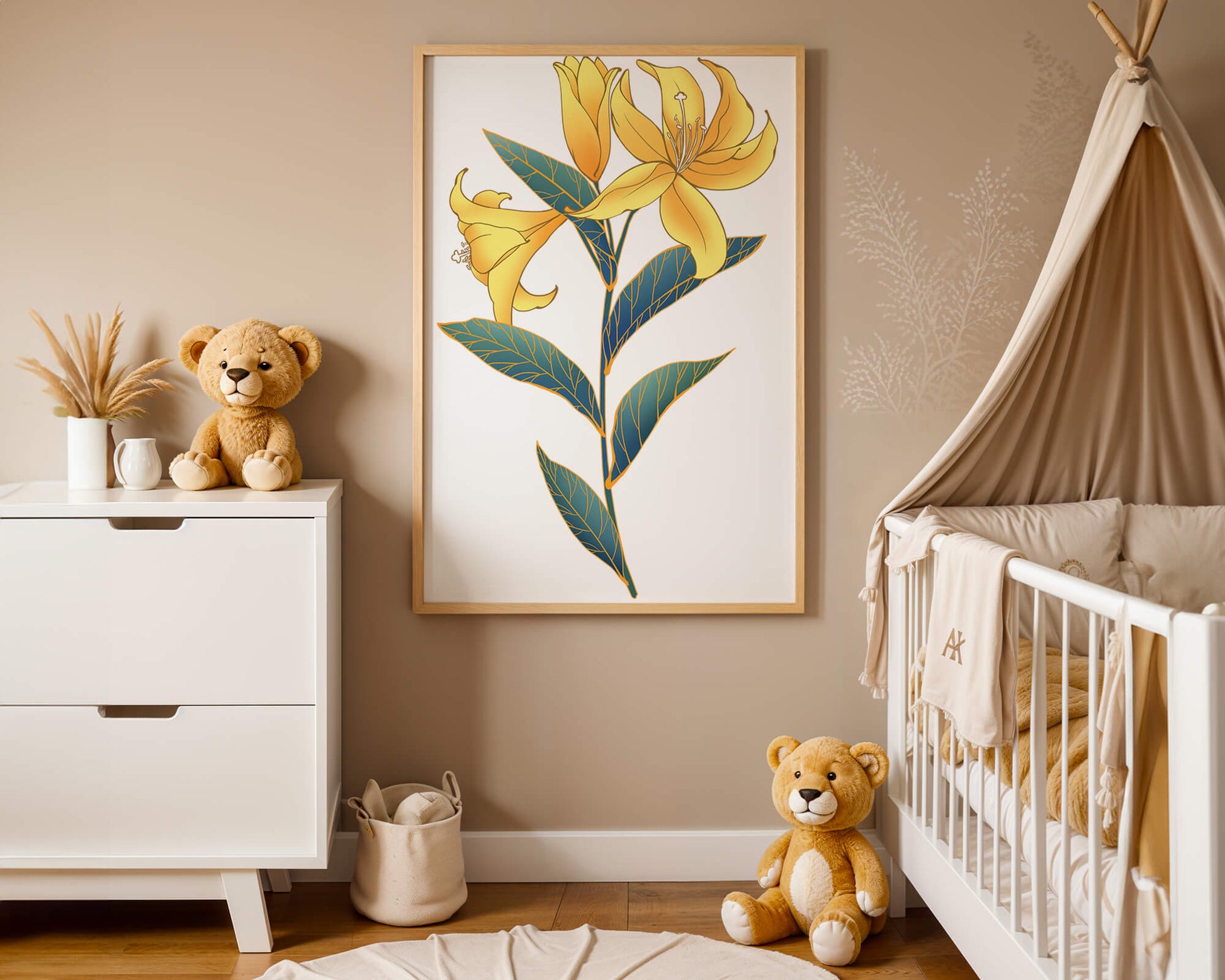 Elegant golden lily illustration with intricate leaf details