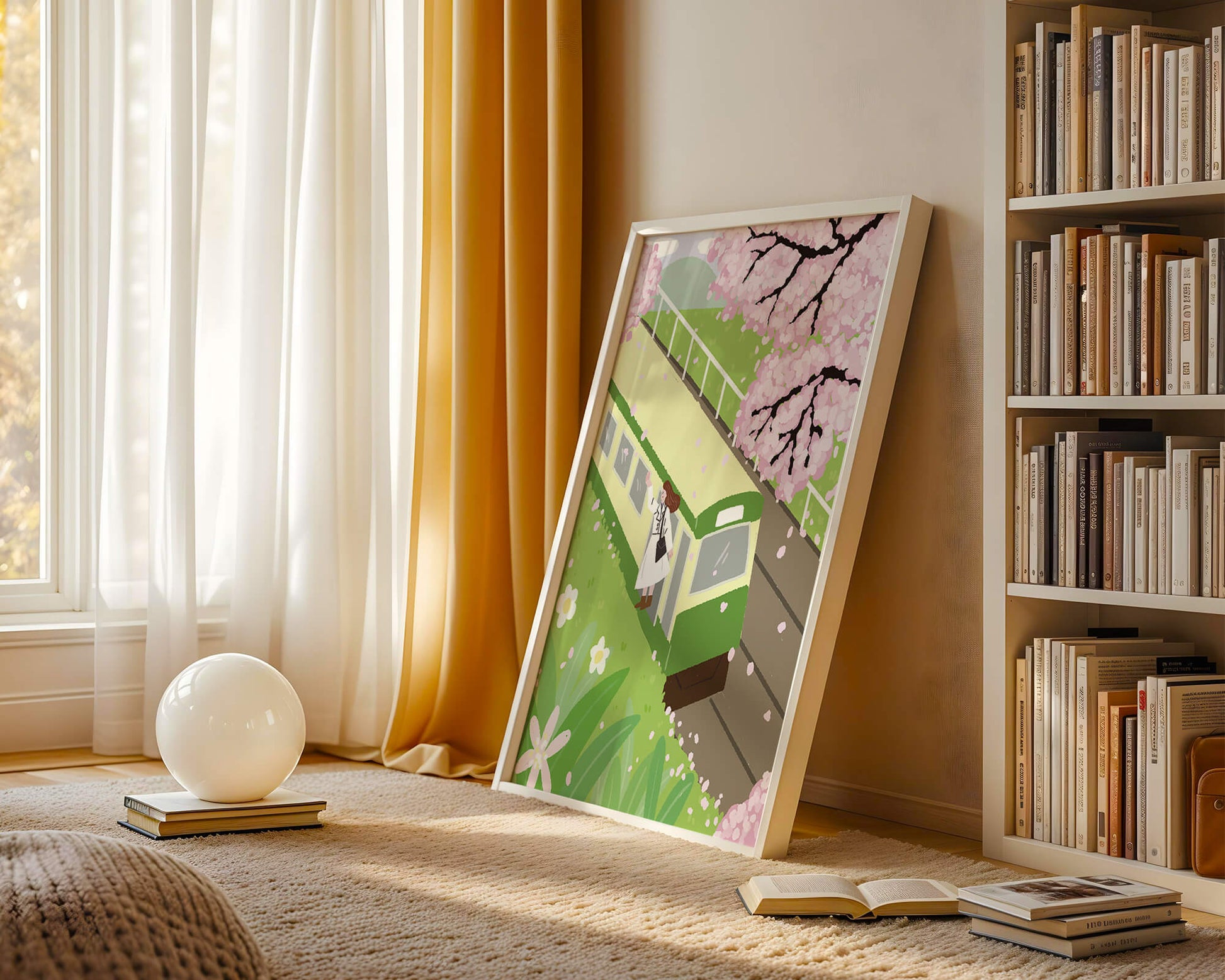 Cherry Blossoms and Train Scene in Spring Landscape