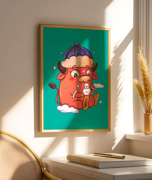 Winter cow cartoon with snowman on turquoise background