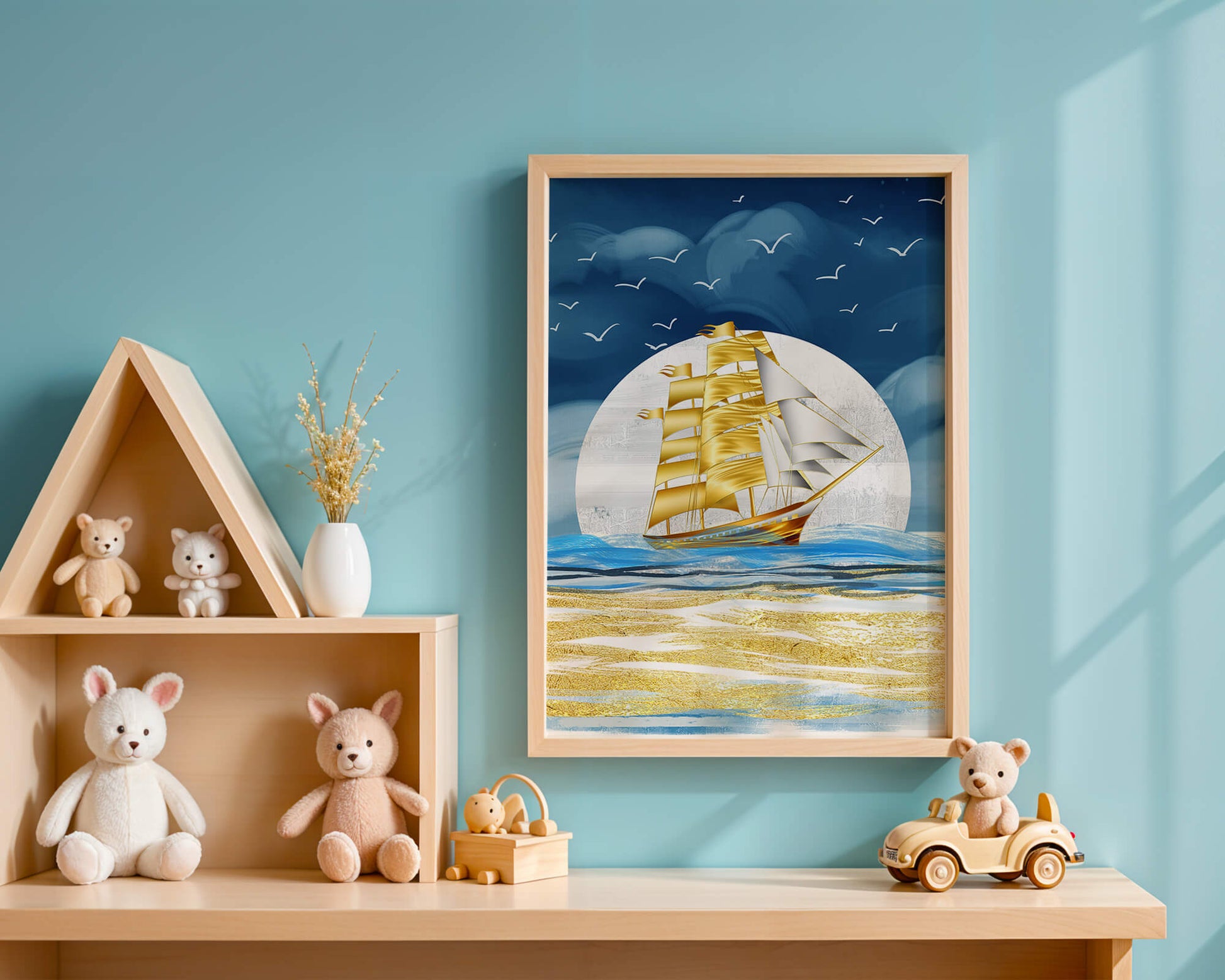 Golden Sailing Ship on the Sea with Seagulls and Blue Horizon