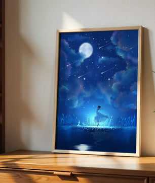 Cielo nocturno soñador con figura danzante y luz de luna brillante