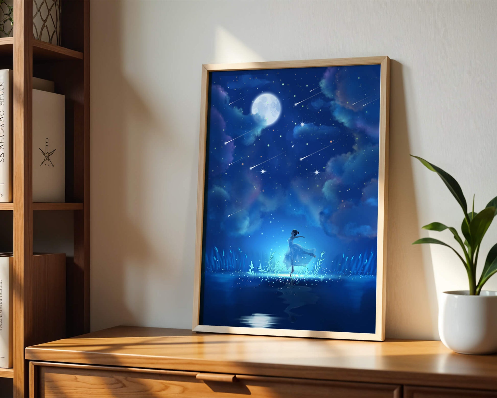 Cielo nocturno soñador con figura danzante y luz de luna brillante