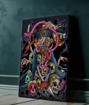 Colorful skeleton with skulls and snake illustration
