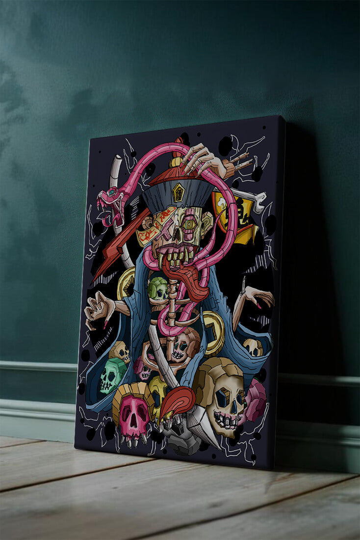 Colorful skeleton with skulls and snake illustration
