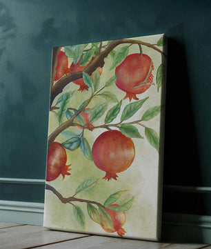 Rama de granado en acuarela con frutos y hojas