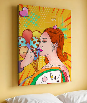 Retrato de mujer en arte pop colorido con globos y patrones vibrantes